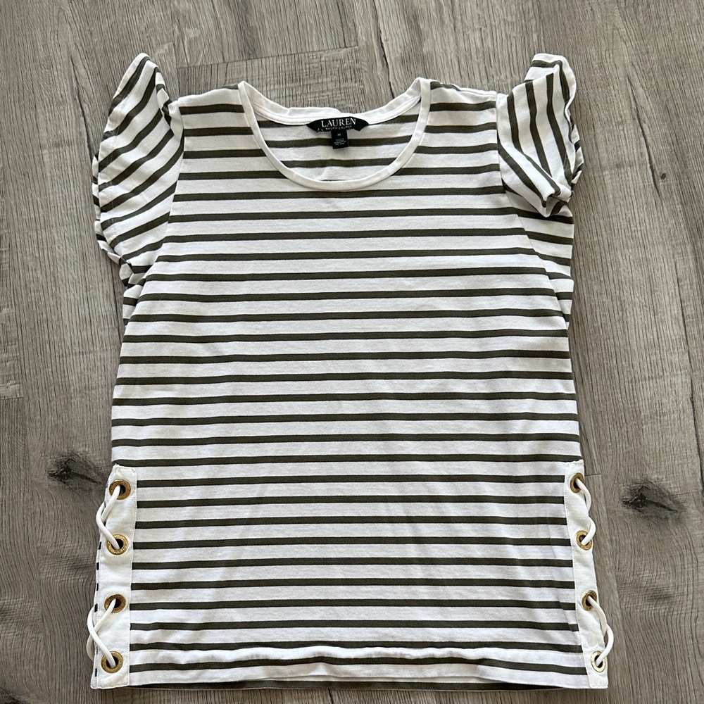 Striped Sage Green and off white Lauren Top. In excellent condition